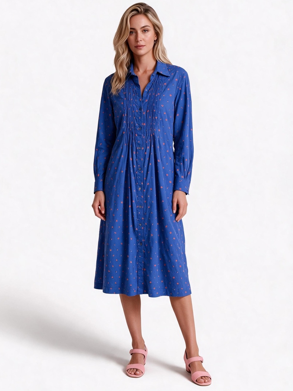 Thierry Colson 100% Poplin Cotton Midi Shirt Dress Sz M Purple Floral Pintuck